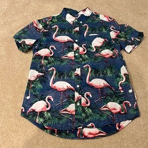 Men’s Brooklyn Cloth Button Down Shortsleeved Shirt with Flamingos size Large